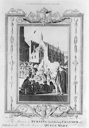 Die Verbrennung von Erzbischof Thomas Cranmer (1489-1556) in Oxford während der blutigen Herrschaft von Königin Maria (1516-58), graviert von Thomas Sparrow (1765-84)